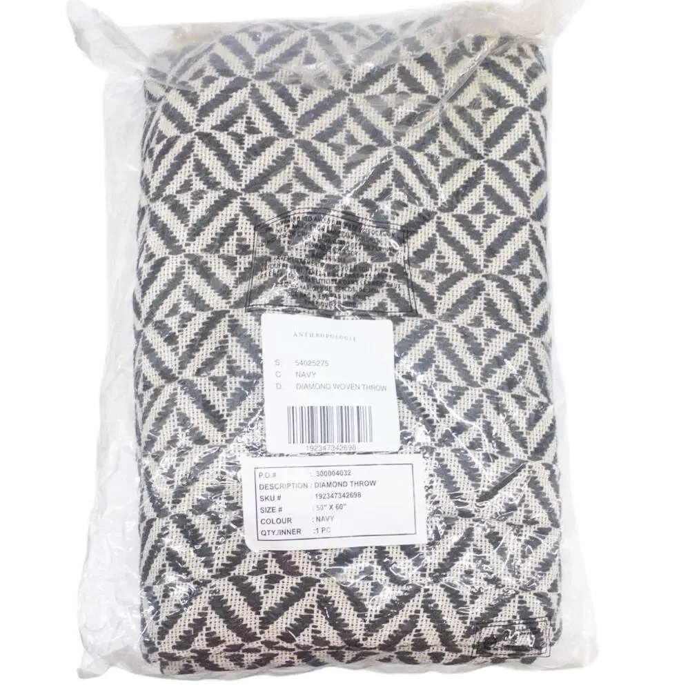 Anthropologie Diamond Weave Throw Blanket Navy Charcoal Cream Fringe 50x60